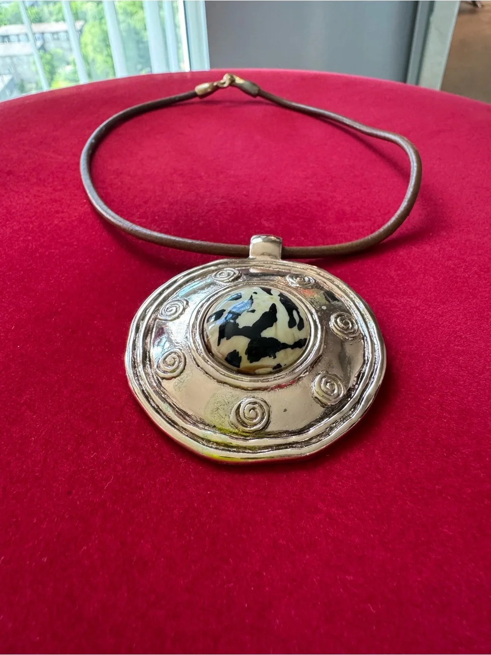 Round Copper Pendant Necklace with Animal Print Accent Gold color 16” - Picture 2 of 12